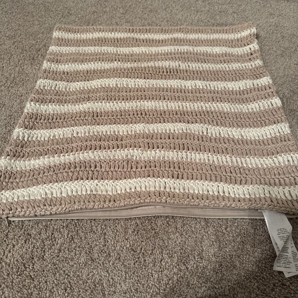West Elm Pillow Cover 20 X 20 Linen Beige Cream Crochet Striped Modern Neutrals